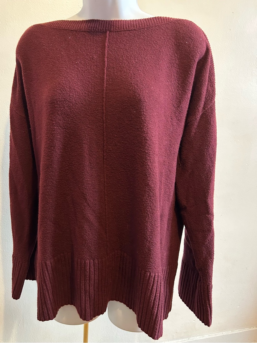 LOFT Ribtrim Boatneck Tunic Sweater Burgundy Maroon Knit Size Medium
